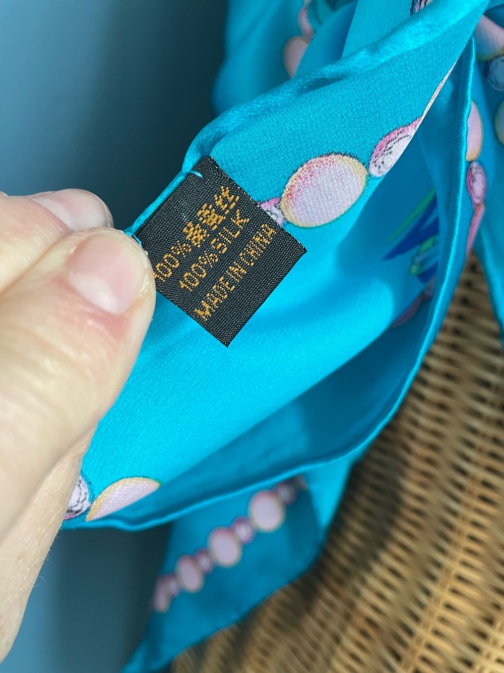 Vibrant Turquoise Silk Scarf with Tassel Print 42 x 42 - Picture 8 of 16